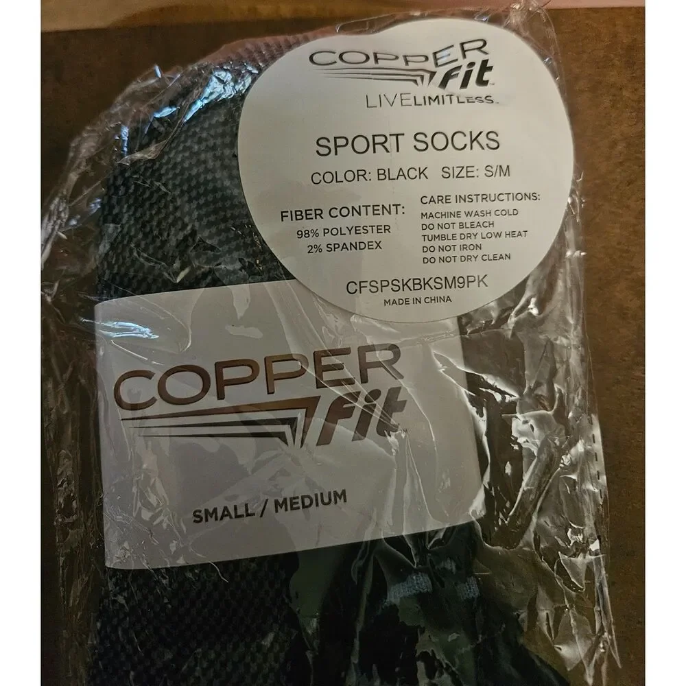 Copper Fit Sport Ankle Compression Socks Black & Gray - 2 Pairs - NWT S/M